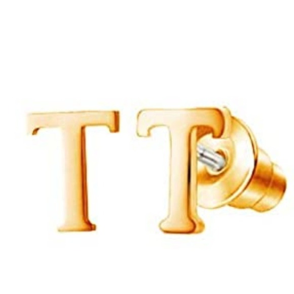 5 for $25 T Initial Earrings Gold Posts studs Letter Earrings Alphabet Earrings - Picture 1 of 9